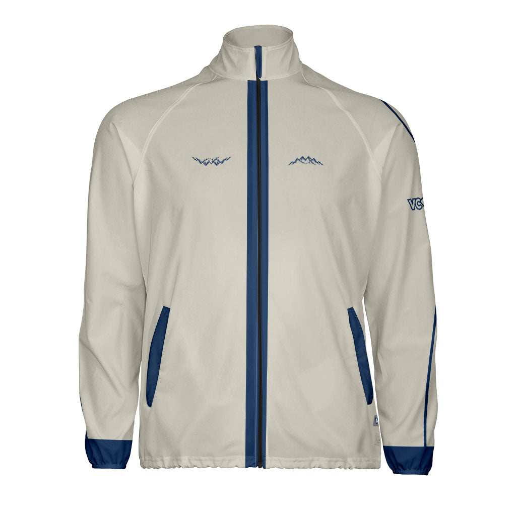 VC Ultimate Velocity Jacket With High Collar, Full Zip, and Side Pockets with blue accents.