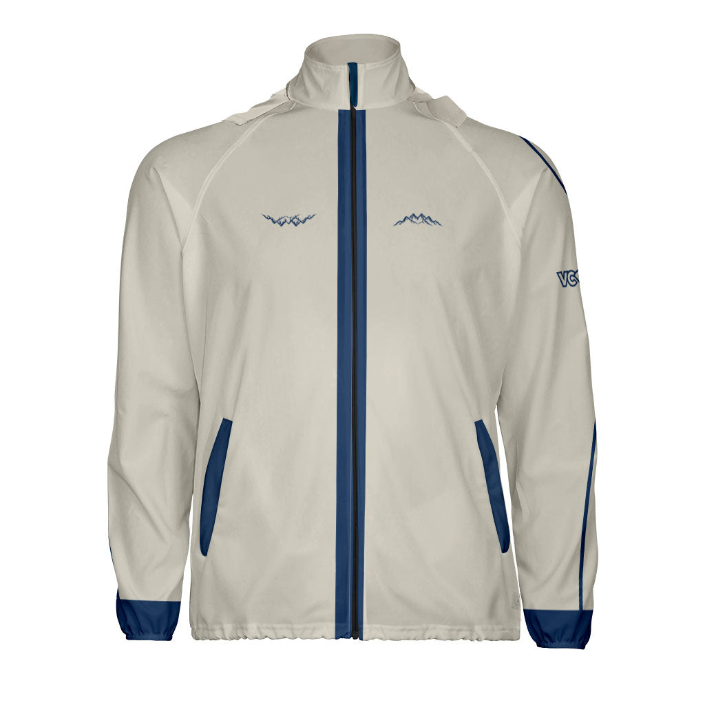 VC Ultimate Velocity Jacket With High Collar with Hood, Full Zip, and Side Pockets with blue accents.