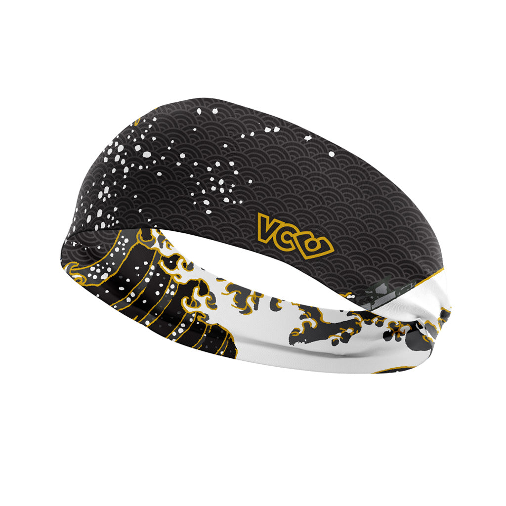 Hokusai Wave Black Gold Cinch Headband