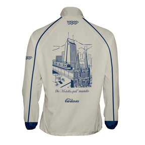 VC Ultimate Velocity Jacket With High Collar, Full Zip, and Side Pockets with blue illustration of Medellin on back.