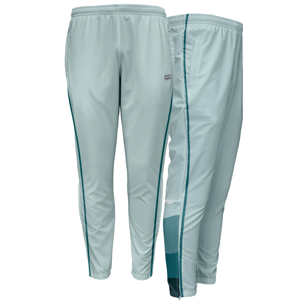 VC Ultimate Frisbee Landscape Dusk Pastel Green Athletic Performance Velocity Track Pants Quarter View and Back showing contrast calf design
